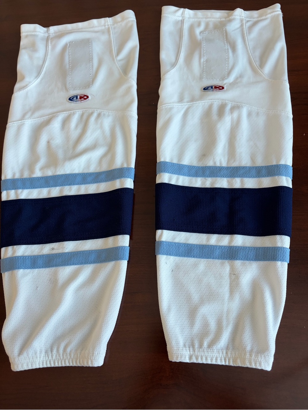 Kids White Hockey Socks with Navy and Light Blue Stripes size M intermediate